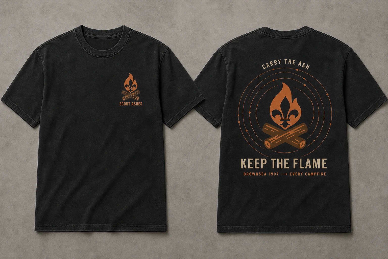 Front and back of the washed-black Carry the Ash Heritage Tee, with an ember Scout Ashes mark and connected campfire rings