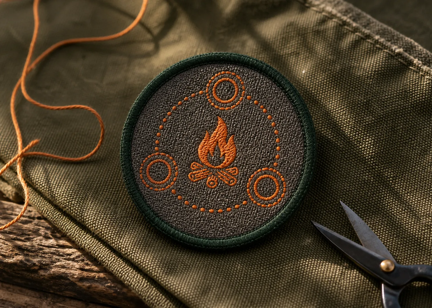 An embroidered Scout Ashes lineage patch — the ember fire mark on a woven twill badge